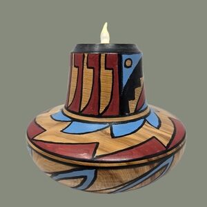 Wooden Handmade Candle Holder Hand Painted Native American Design By Bob Walberg